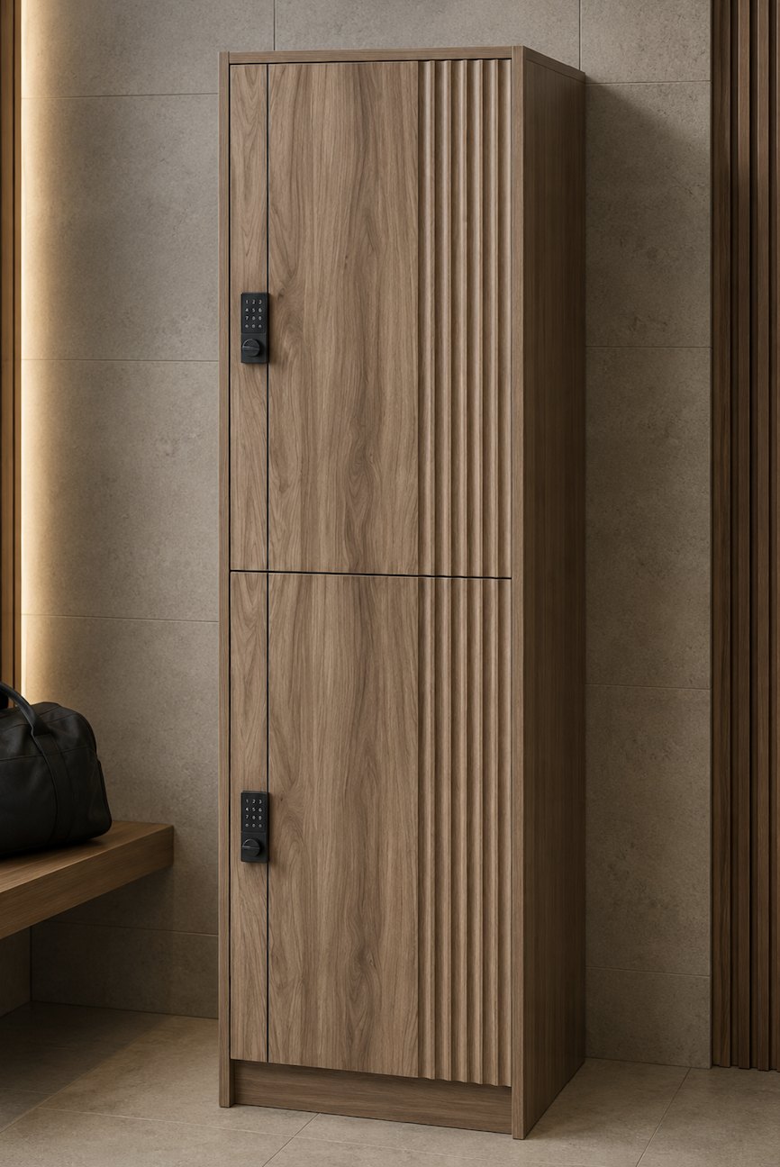 Two-tier walnut locker with fluted side panel and black digital keypad locks in a spa change room