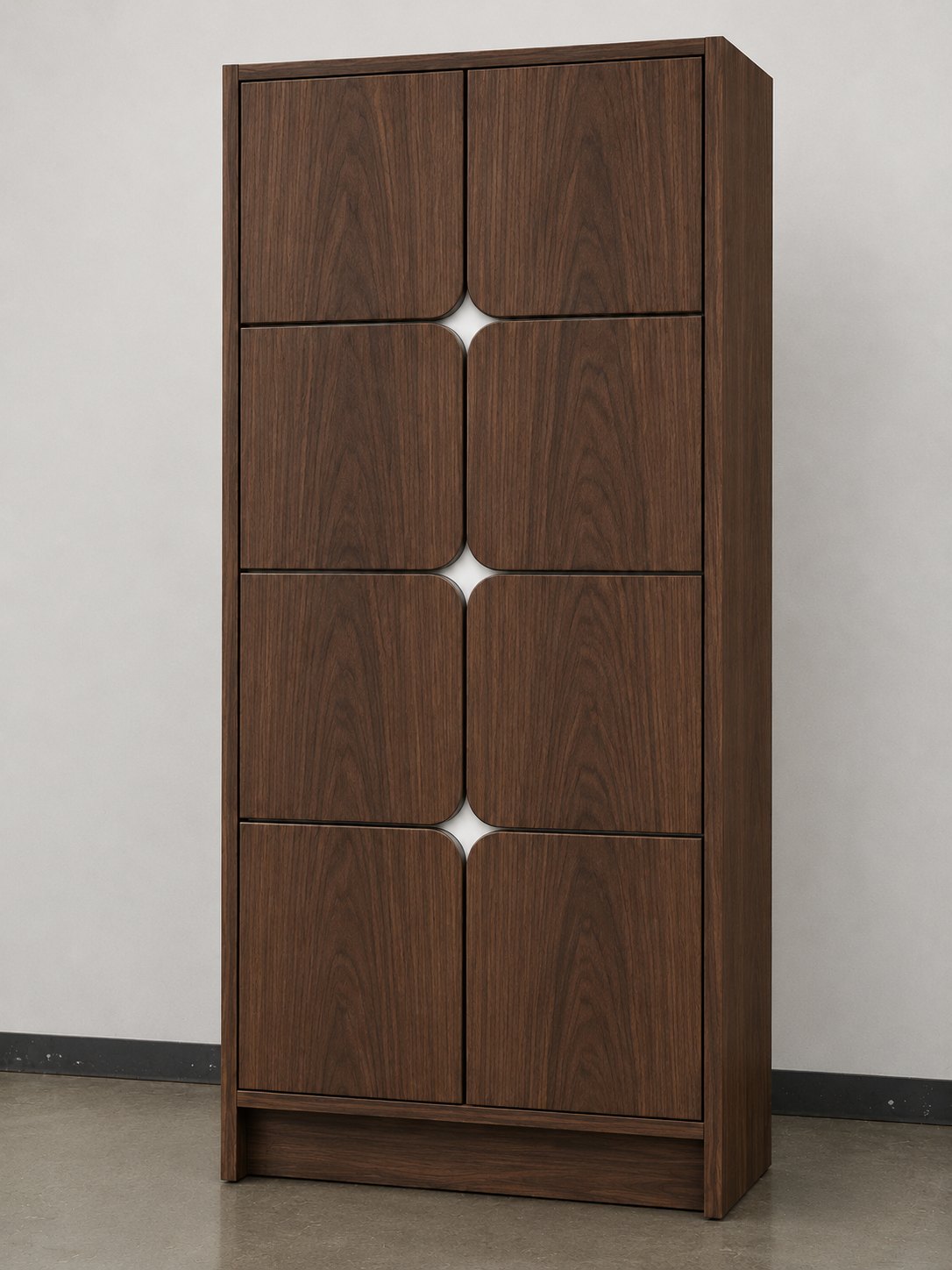 Eight-door dark walnut locker bank with rounded-corner doors and concealed finger-pull openings