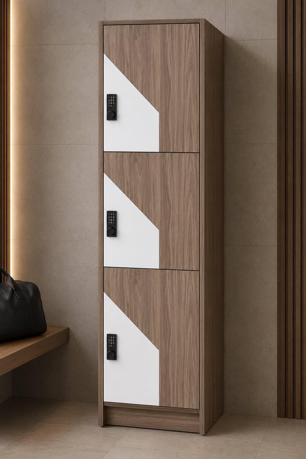 Clean white and wood staff lockers with digital keypad locks, suited to hospital and medical clinic change rooms