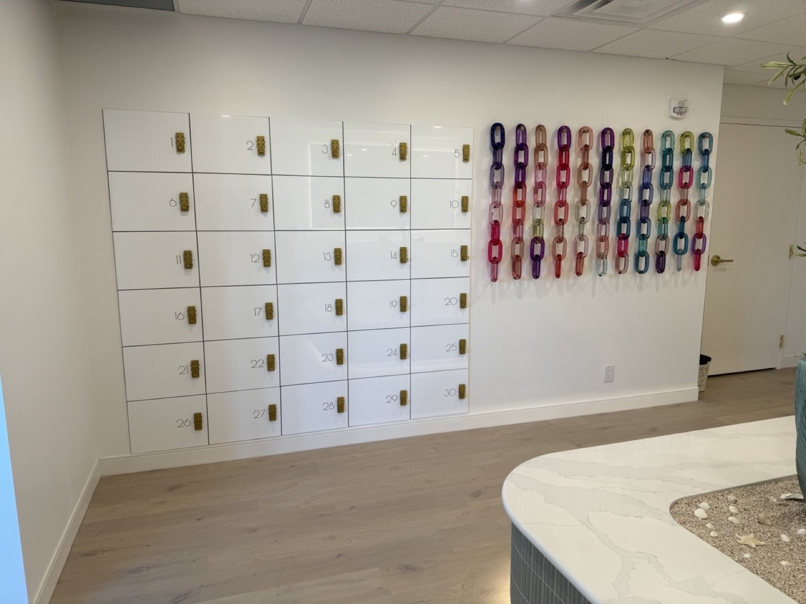 30-unit custom white locker wall with brass hardware — Reformed Oliver studio, Edmonton AB